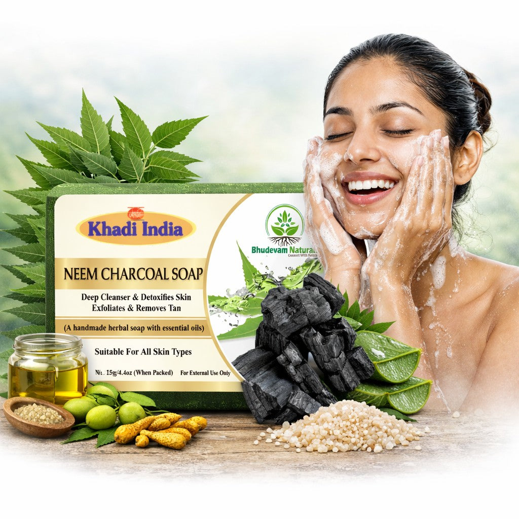Bhudevam Naturals Khadi Neem & Activated Charcoal Soap – Herbal Handmade Bath Soap for Acne, Pimples, Blackheads Removal- 500GM (Pack of 4)
