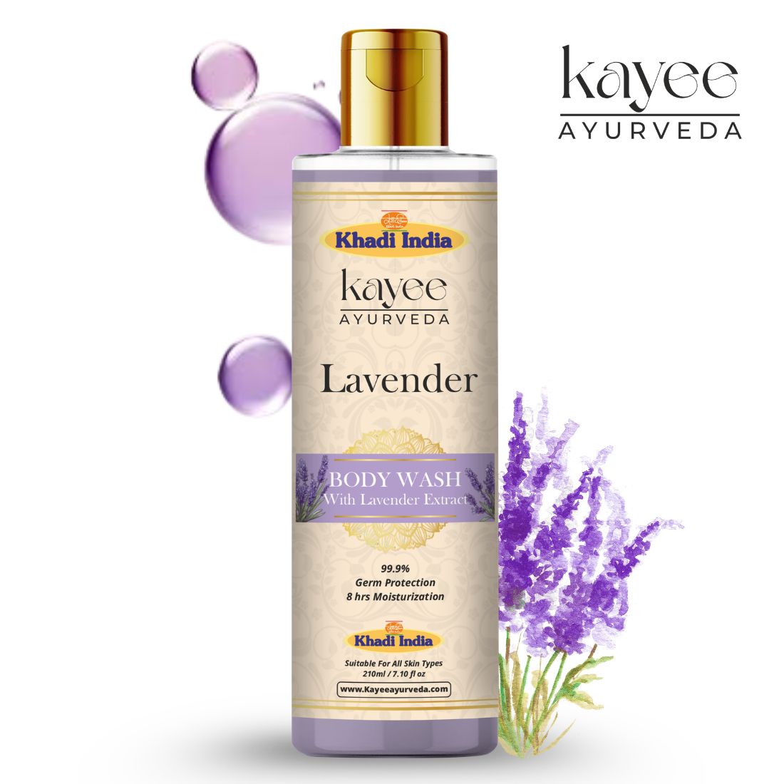 Kayee Ayurveda Lavender Body Wash | Refreshing Lavender Shower Gel for Gentle Daily Cleansing | Helps Wash Away Dirt, Sweat & Excess Oil While Leaving Skin Clean, Soft, Fresh & Pleasantly Fragrant | Suitable for Regular Use | 210 ml