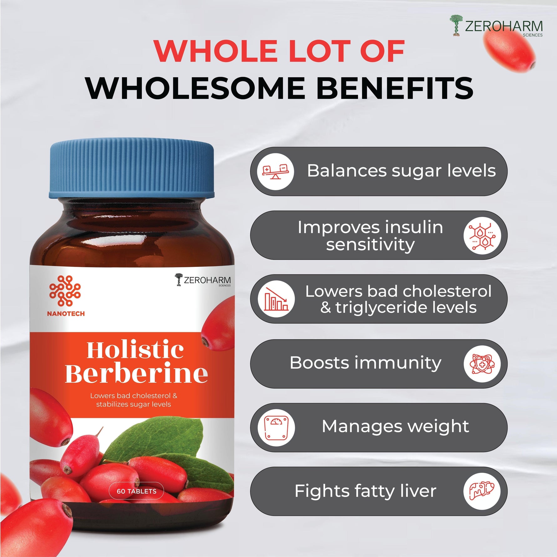 Zeroharm Holistic 98% Pure Berberine Tablets - 800mg Berberine Extract Per Day - Supports Healthy Blood Sugar, Cholestrol Levels for Men & Women - Nano Formulated 60 Tablets