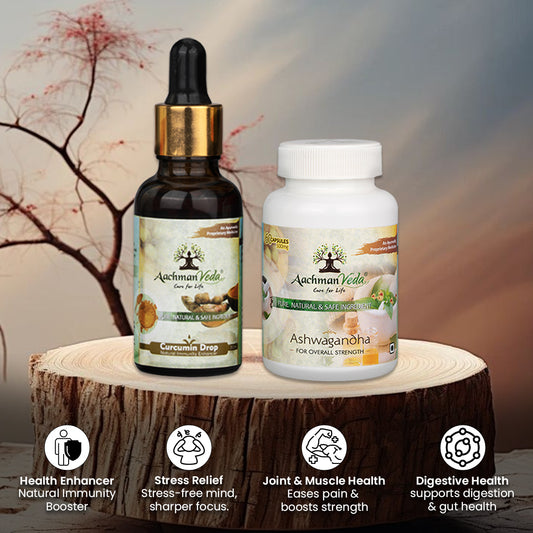 Aachman Veda Ashwagandha Veg Capsules & Curcumin Drops - 60 Capsule ,30ml Drop - Combo