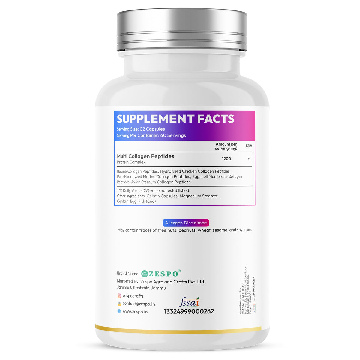 Zespo Multi Collagen Peptides Type I, II, III, V & X 1,200  Supports Skin, Hair, Nails, Joints & Bone Health – 120 Capsules