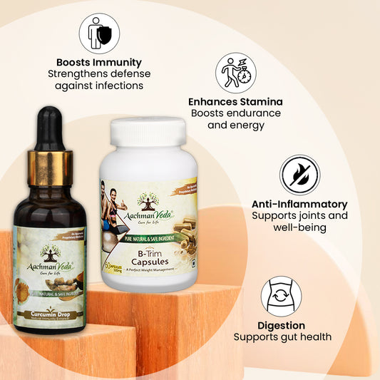 Aachman Veda B Trim Veg Capsules & Curcumin Drops