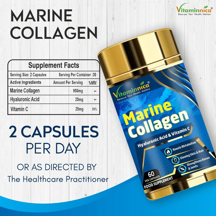 Vitaminnica Marine Collagen Capsules - Hydrolyzed Peptides for Skin, Hair & Joints, 60 Count