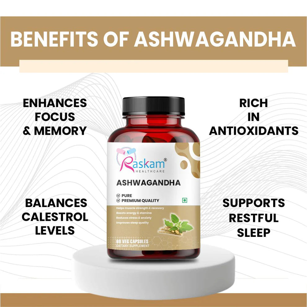 Raskam Ashwagandha Capsules - 60 Veg Capsules Boost Energy, Strength, Stamina | Helps Anxiety & Stress Relief For Men & Women