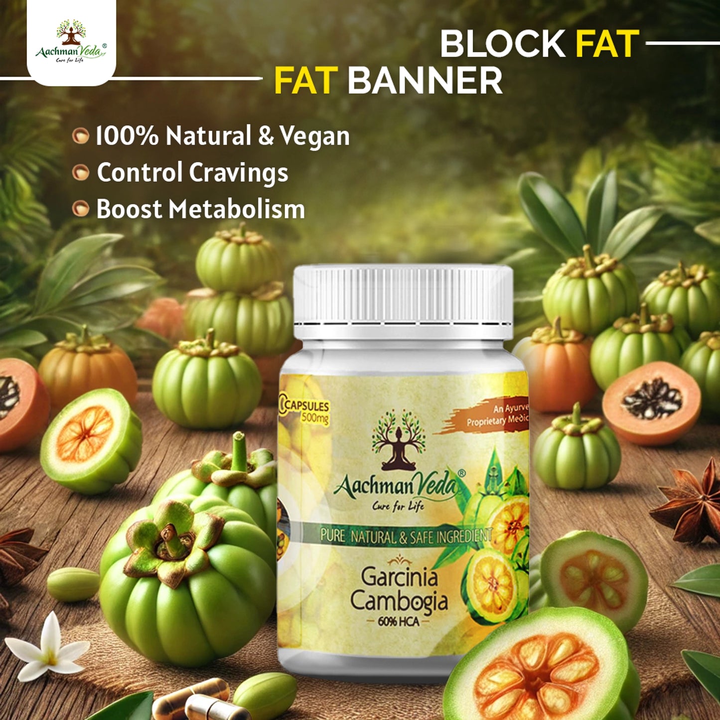 Aachman Veda Garcinia Cambogia 500mg 60% HCA Weight Loss Capsule (60 Each)
