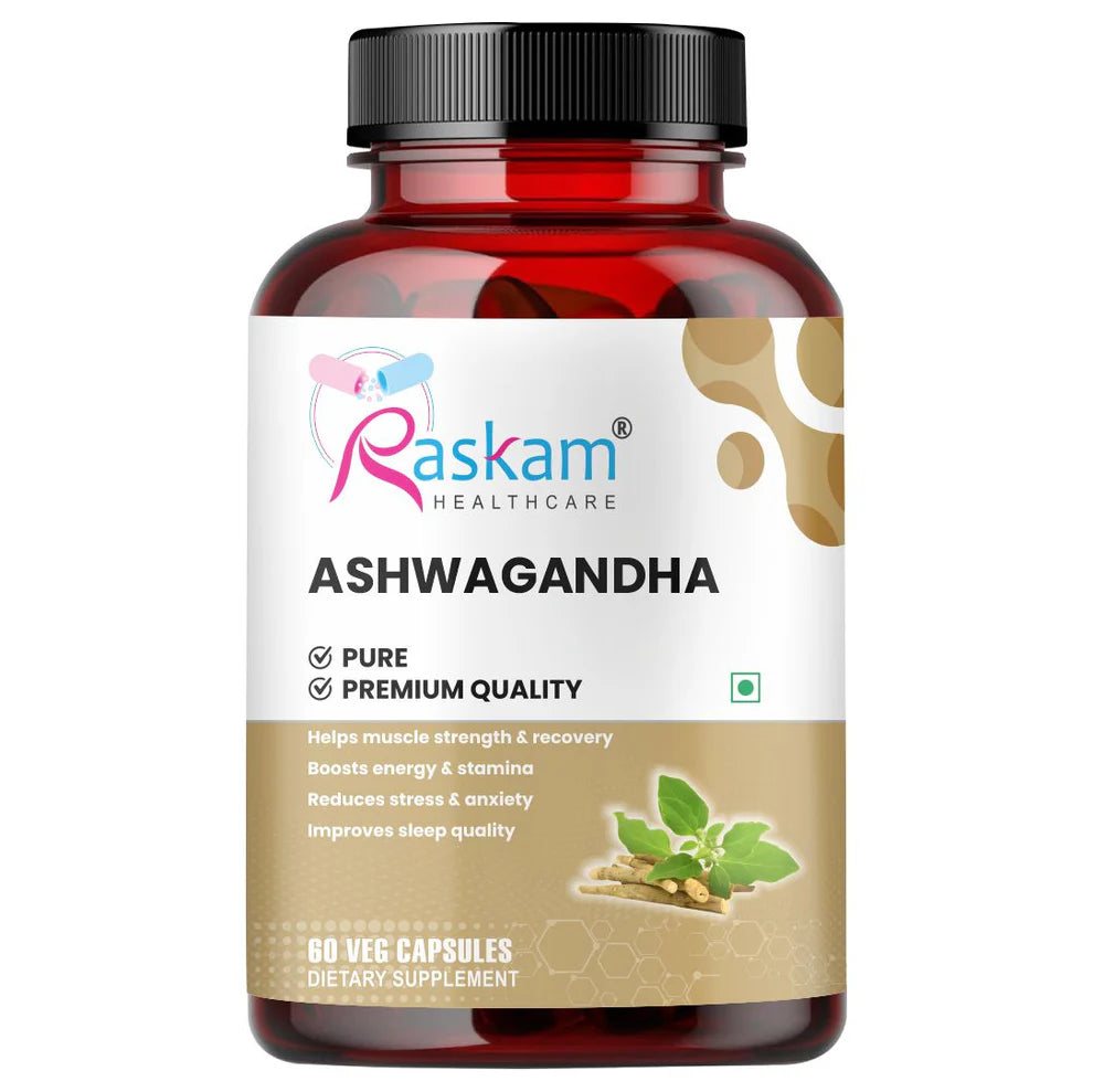 Raskam Ashwagandha Capsules - 60 Veg Capsules Boost Energy, Strength, Stamina | Helps Anxiety & Stress Relief For Men & Women