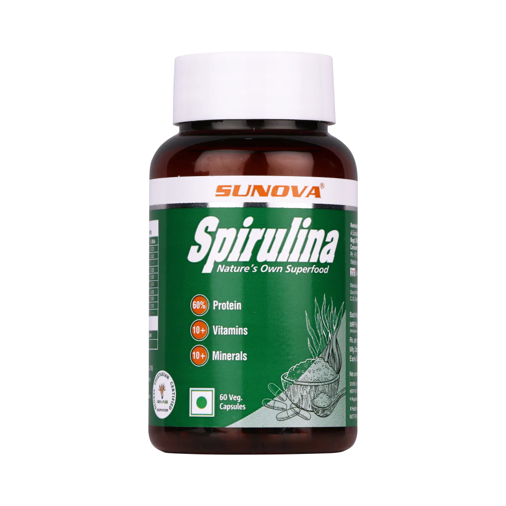 Sunova Spirulina Capsule | For Energy, Stamina, Muscle Strength, Antioxidant Support & Bone Health - 60 Capsules
