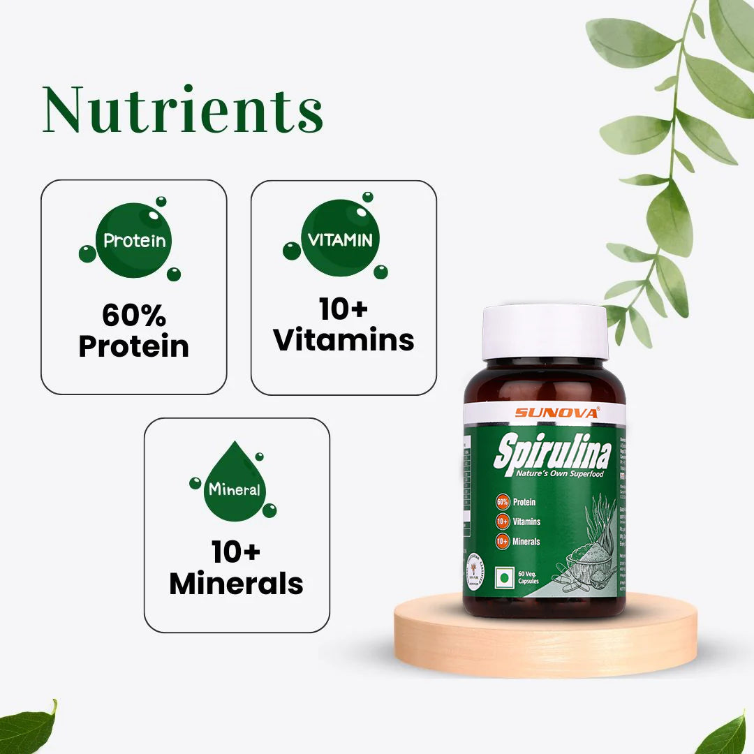 Sunova Spirulina Capsule | For Energy, Stamina, Muscle Strength, Antioxidant Support & Bone Health - 60 Capsules
