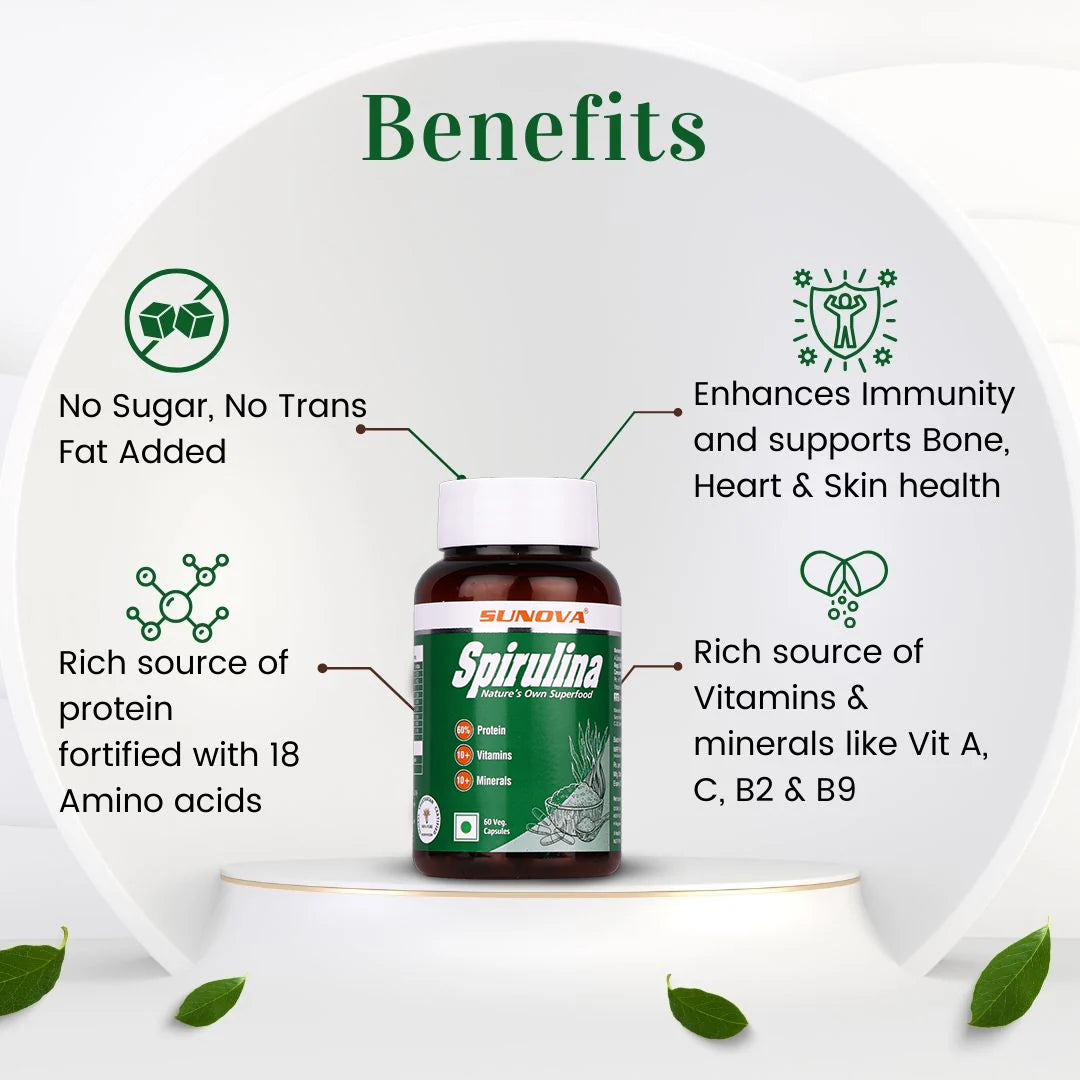 Sunova Spirulina Capsule | For Energy, Stamina, Muscle Strength, Antioxidant Support & Bone Health - 60 Capsules