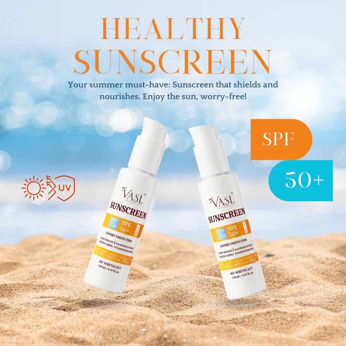 VASL Sunscreen SPF 50+ PA++++ - Broad Spectrum Daily UVA UVB Cream, 130ml
