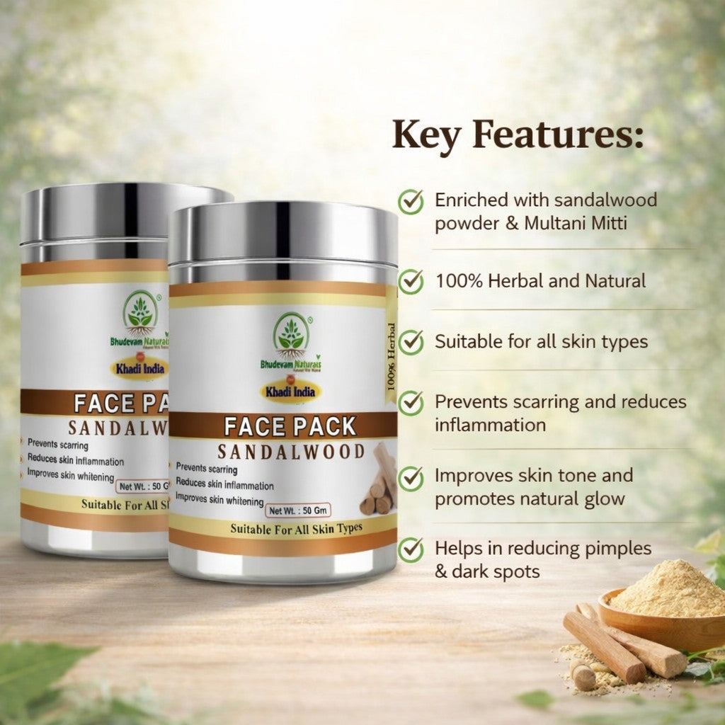 Bhudevam Naturals Khadi Sandalwood Face Pack for Skin Brightening & Glow- 100GM (Pack of 2)