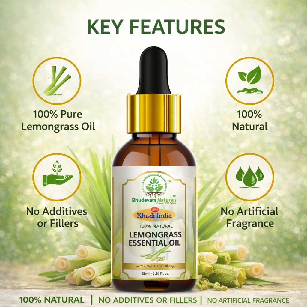 Bhudevam Naturals Khadi Lemongrass Essential Oil for Aromatherapy, Stress Relief & Skin Care | Diffuser & Massage Oil - 15ML