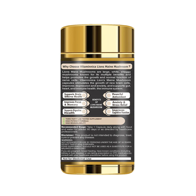 Vitaminnica Lion's Mane Mushroom Capsules - Brain Focus & Memory Support, 60 Count