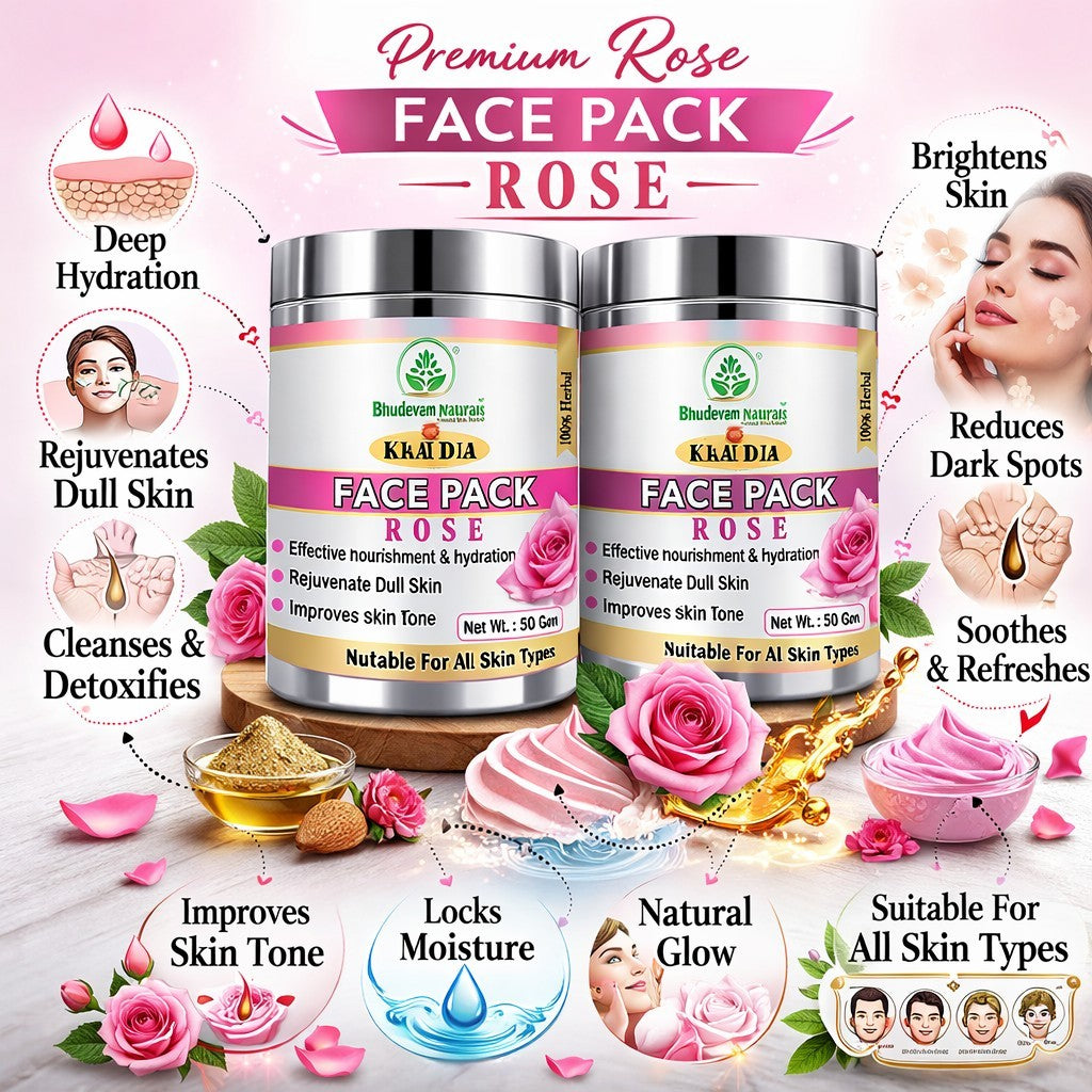 Bhudevam Naturals Khadi Herbal Rose Face Pack Skin Brightening Face Mask for Glow, Pigmentation & Deep Cleansing- 100GM (Pack of 2)