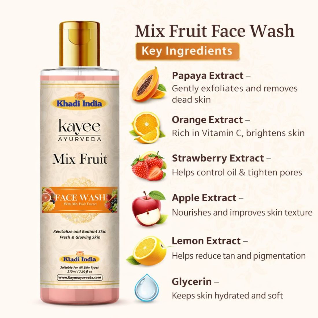 Kayee Ayurveda Mix Fruit Face Wash for Men & Women | Herbal Fruit-Enriched Facial Cleanser for Daily Skin Care | Helps Remove Dirt, Excess Oil, Sweat & Impurities While Leaving Skin Fresh, Soft, Smooth & Healthy-Looking | 210 ml
