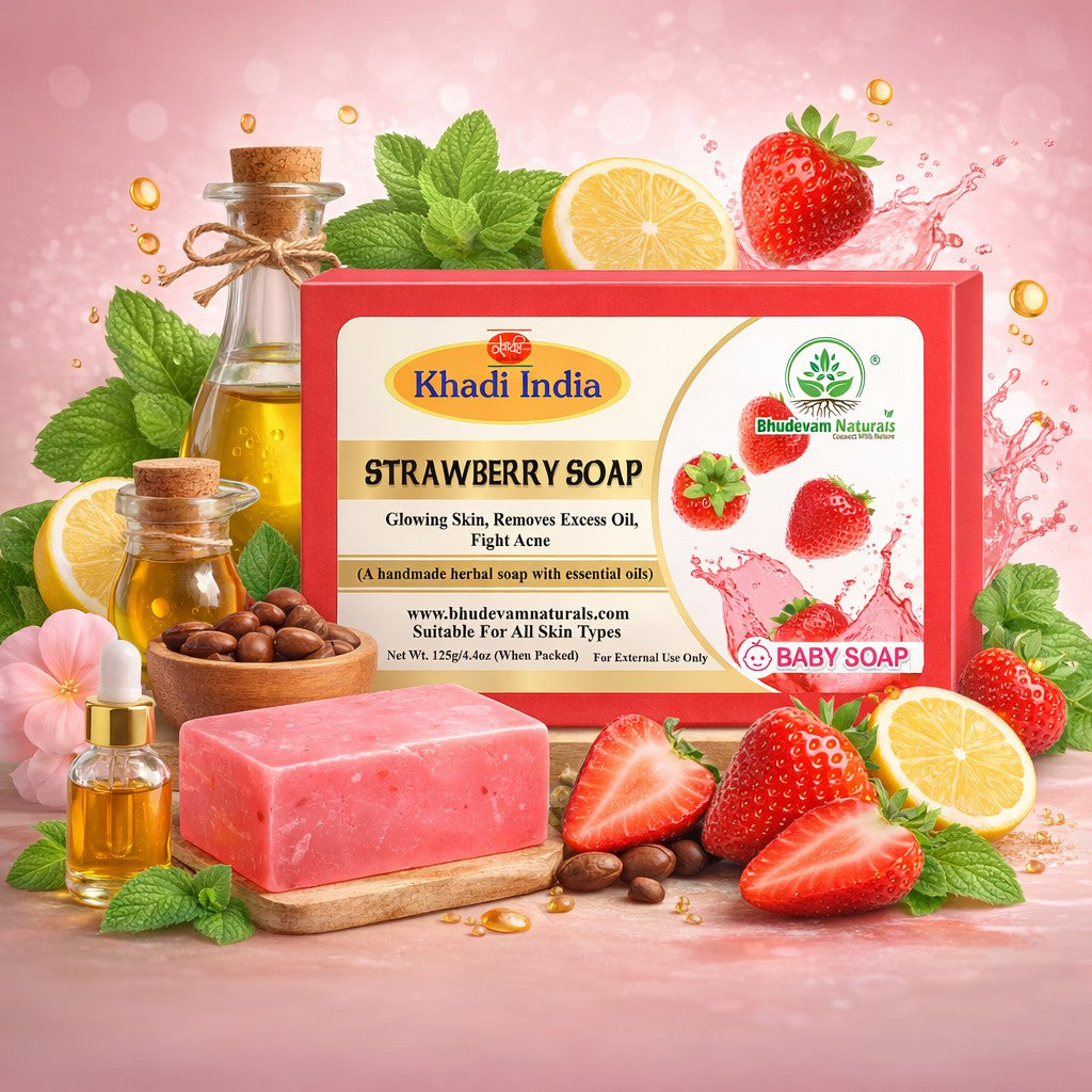 Bhudevam Naturals Khadi Strawberry Handmade Bath Soap for Soft, Smooth & Radiant Skin- 500GM (Pack of 4)