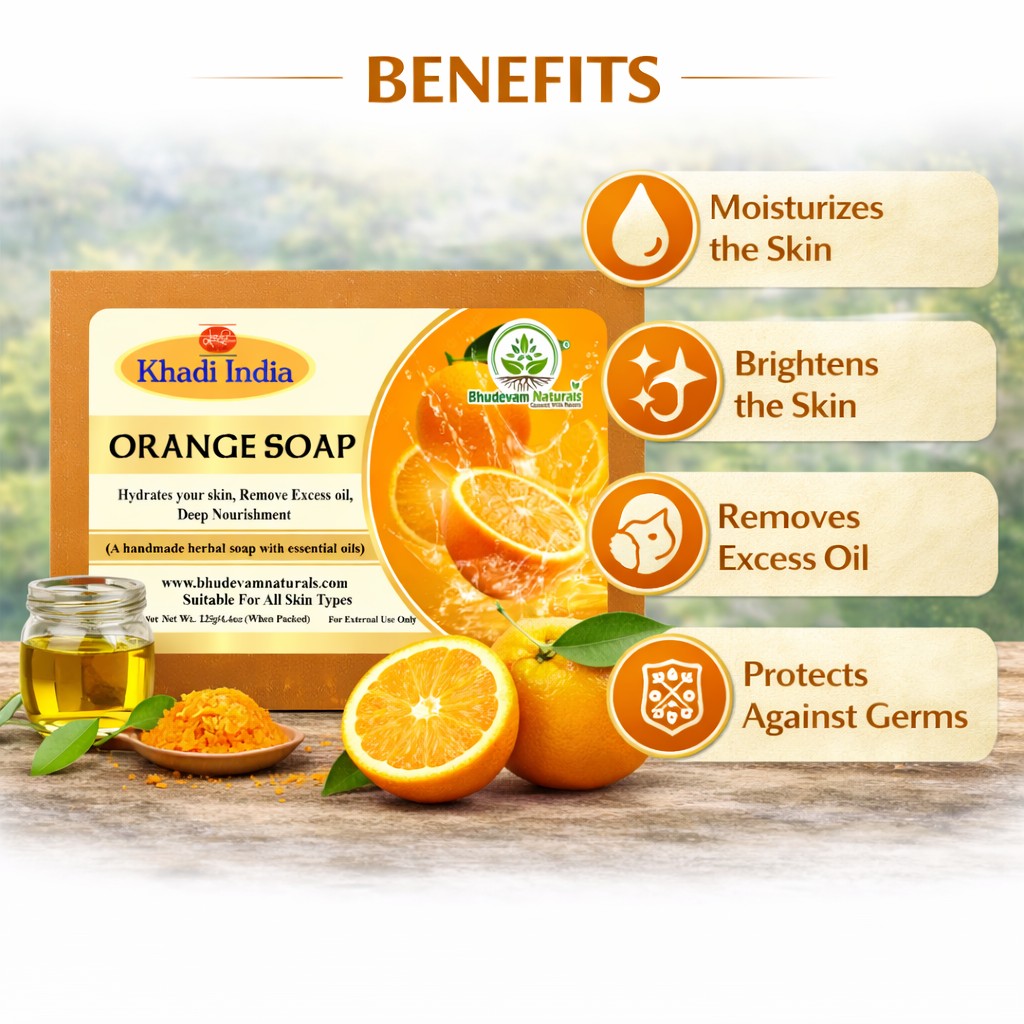 Bhudevam Naturals Khadi Orange Soap with Vitamin C – Skin Brightening & Refreshing Bath Bar- 500GM (Pack of 4)