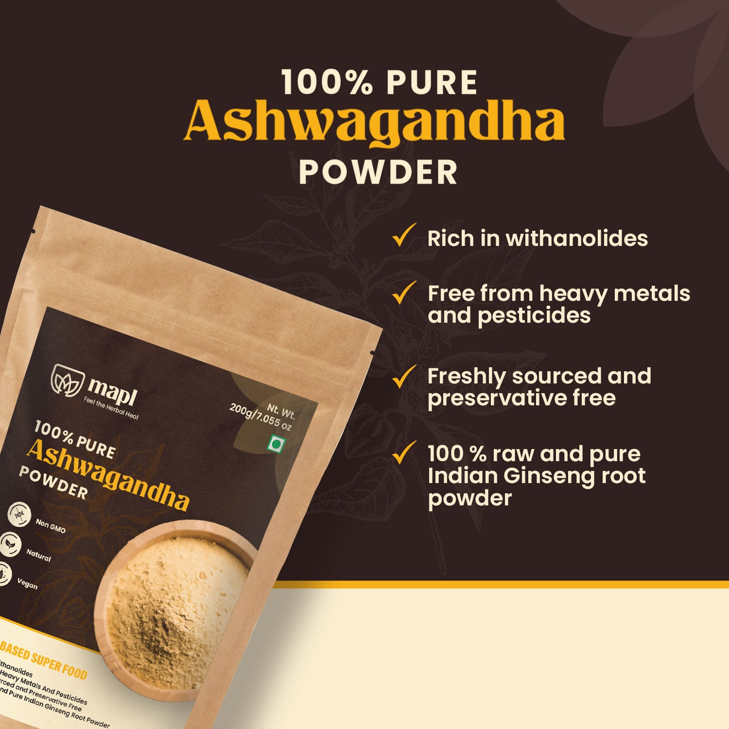 MAPL Ashwagandha Root Powder 200g | Organic Ayurvedic Powder | Stress Relief, Energy & Immunity