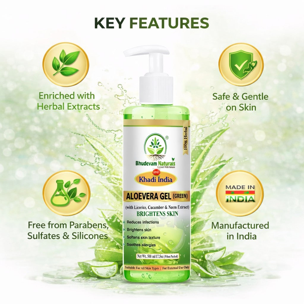 Bhudevam Naturals Khadi Pure Aloe Vera Gel | Lightweight Non-Sticky  green Gel for Skin Hydration, Acne Control, Hair Care & Skin Brightening- 500GM