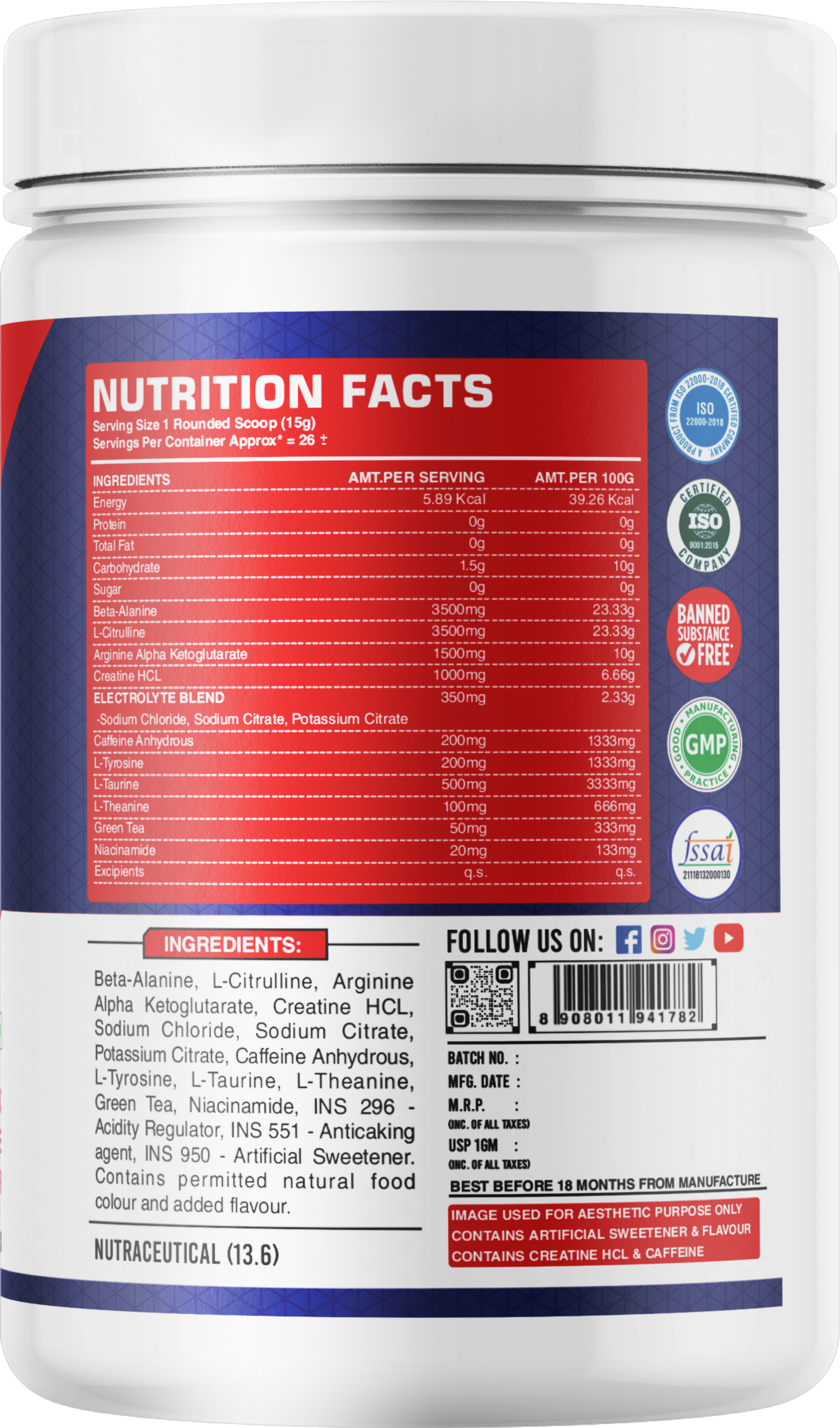 FB Nutrition Kick High Stim Pre-Workout Supplement - Pink Lemonade - 400gm