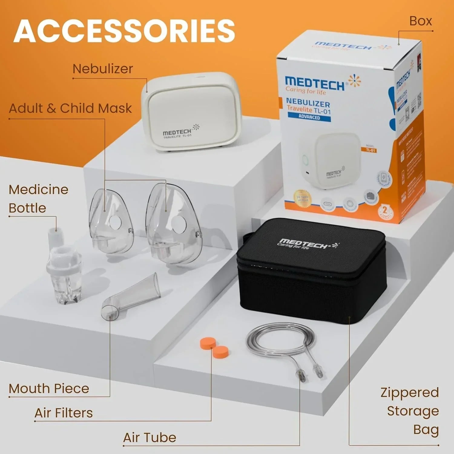 MEDTECH® Travelite USB-C Powered Portable Nebulizer | Super Compact and Portable Travel DC Nebulizer Machine with Complete Adult and Child Mask & Travel Pouch | 2 Years Warranty
