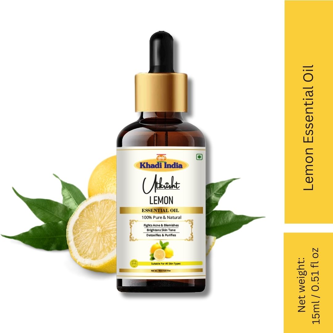 Khadi Lemon Essential Oil | Pure & Natural Lemon Oil for Face & Skin Care | Essential Oil for Oily & Acne-Prone Skin | Brightening & Refreshing Aromatherapy Oil | 15 ml