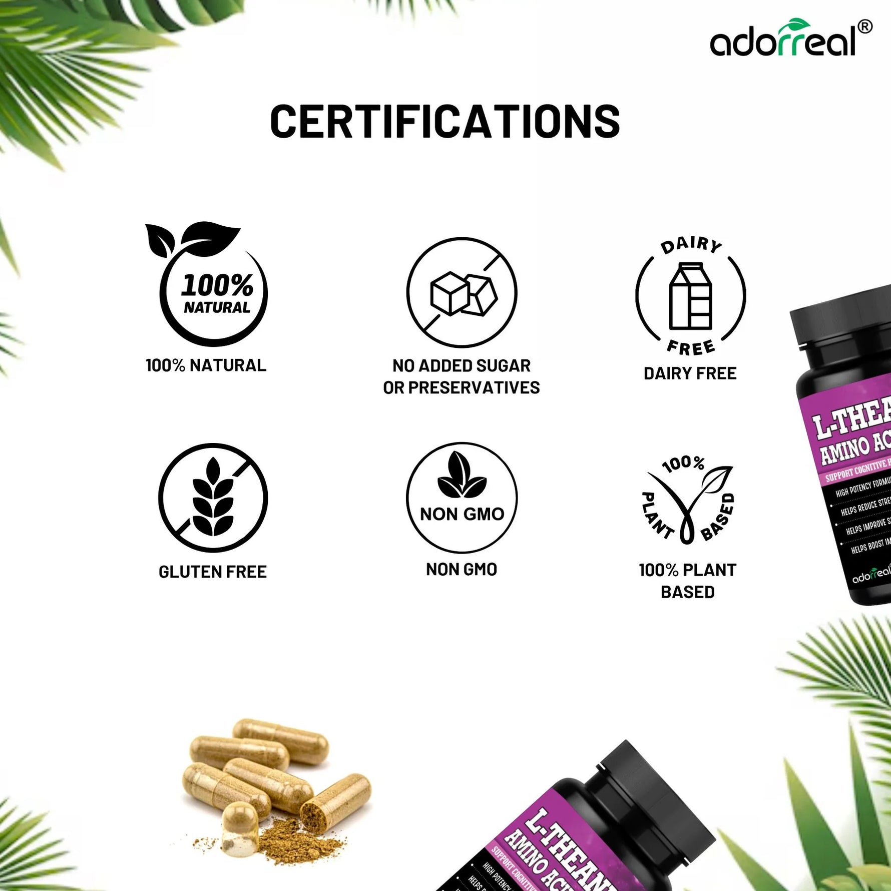 Adorreal L-Theanine Capsules (60 Capsules) | Promotes Calmness, Mental Focus & Stress Relief Without Drowsiness