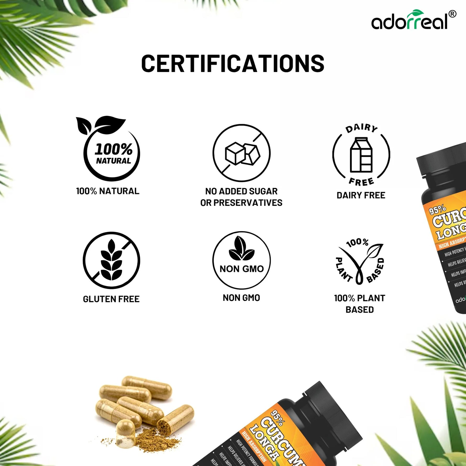 Adorreal Curcumin Longa 95% Capsules | Turmeric Extract Supplement | 30  Capsules