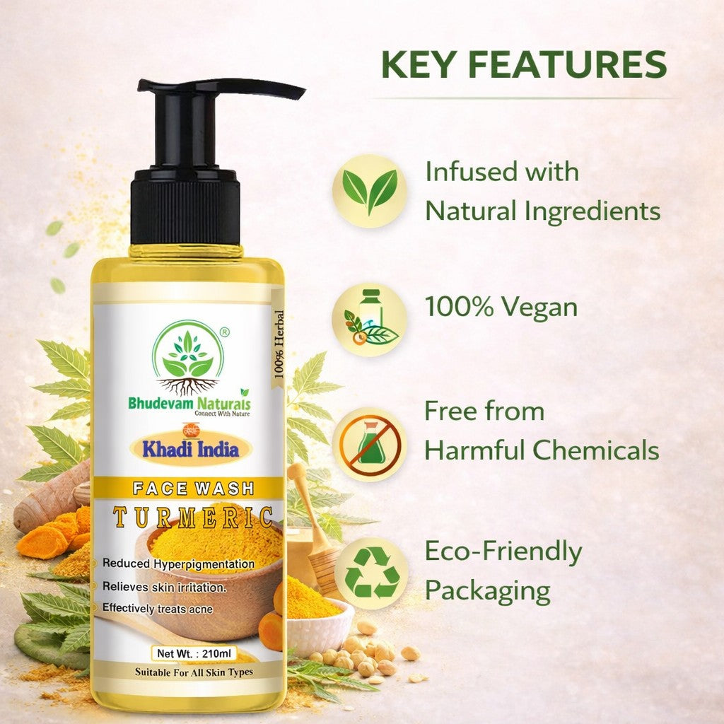 Bhudevam Naturals Khadi Turmeric Face Wash – Fights Acne, Reduces Pimples & Adds Radiance- 420ML (Pack of 2)