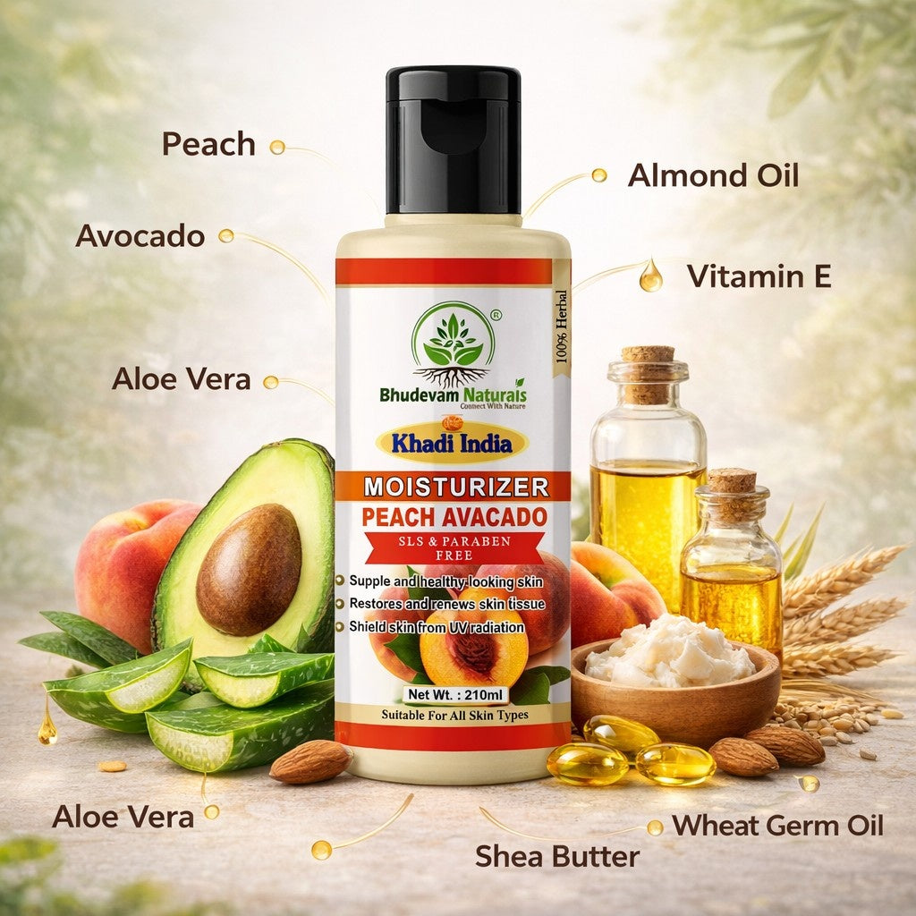 Bhudevam Naturals Khadi Peach Avocado Moisturizer for Women & Men – Soft, Smooth & Healthy Looking Skin- 210ML