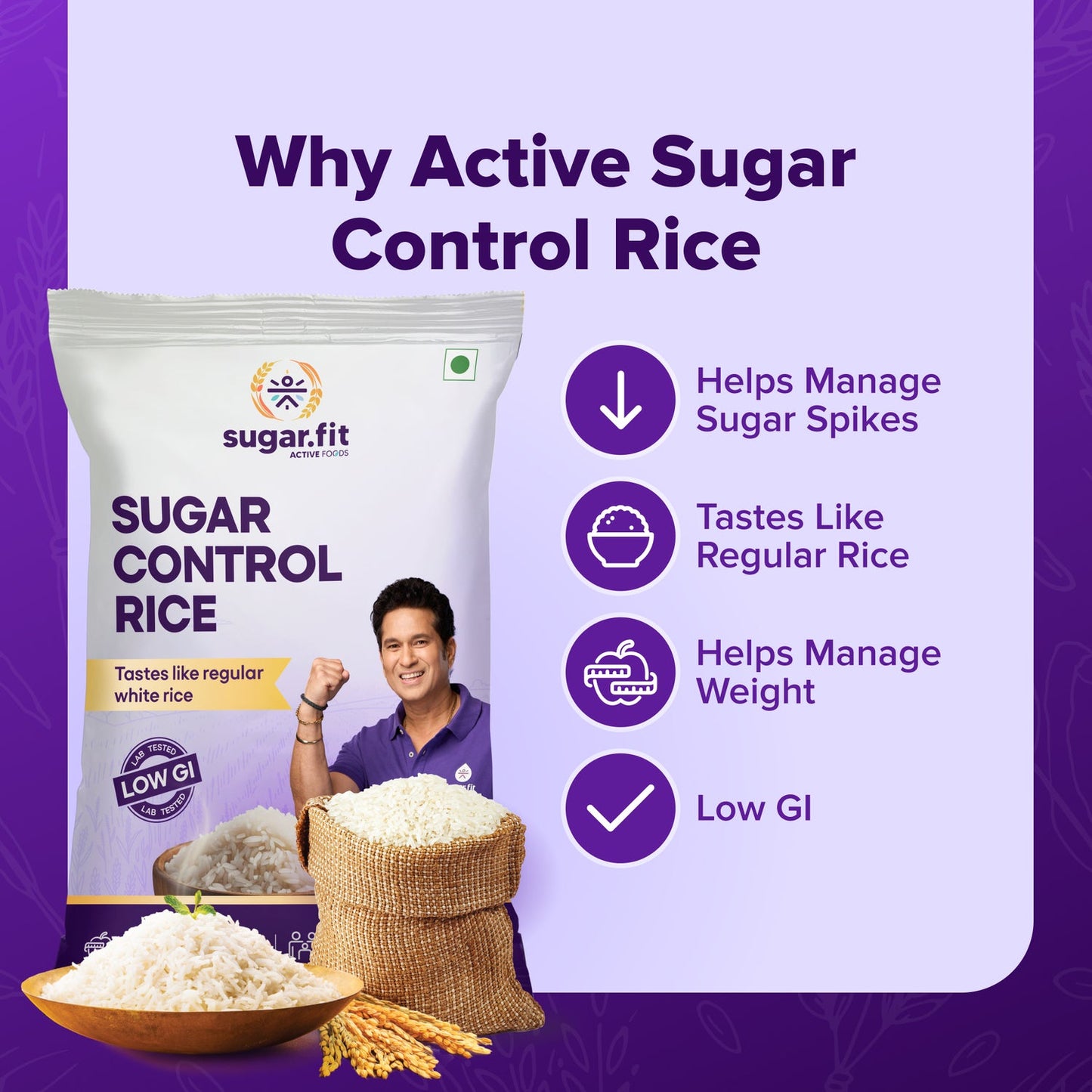 Sugar.fit Sugar Control Rice, Sona Masoori Rice, Lab Tested Low GI for Diabetic, Full Grain Raw Rice, 100% Natural, Supports Healthy Blood Sugar Levels