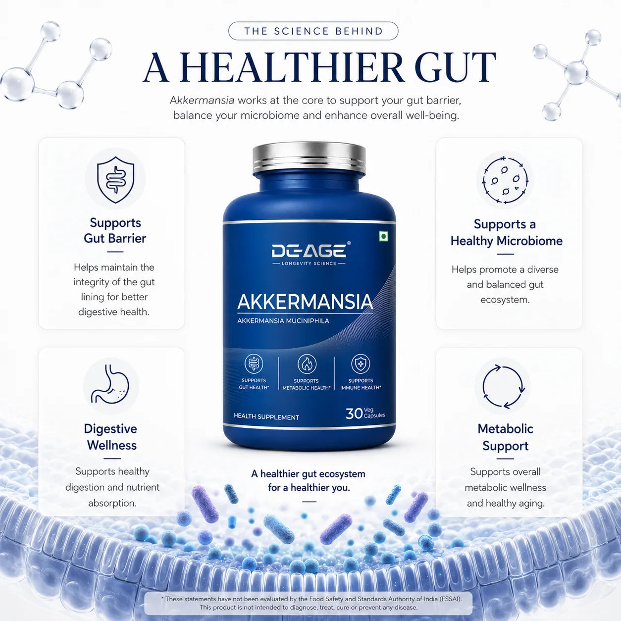 De-Age Akkermansia AH39 30 Capsules | Gut Health & Healthy Aging Support Supplement