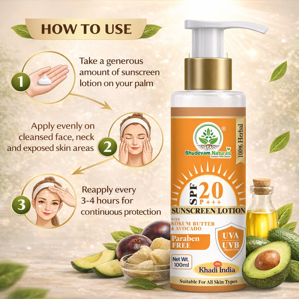 Bhudevam Naturals Khadi SPF 20 Sunscreen Lotion for Face & Body | Lightweight Non-Sticky Sun Protection Lotion- 100ML