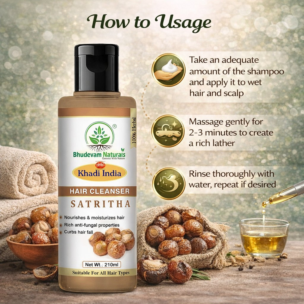 Bhudevam Naturals Khadi Satritha Hair Cleanser – Natural Care for Thick & Healthy Hair- 420ML (Pack of 2)