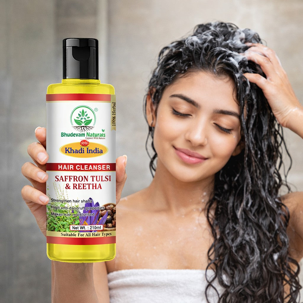 Bhudevam Naturals Khadi Saffron Tulsi & Reetha Hair Shampoo – Herbal Hair Fall Control & Scalp Care - 420ML (Pack of 2)