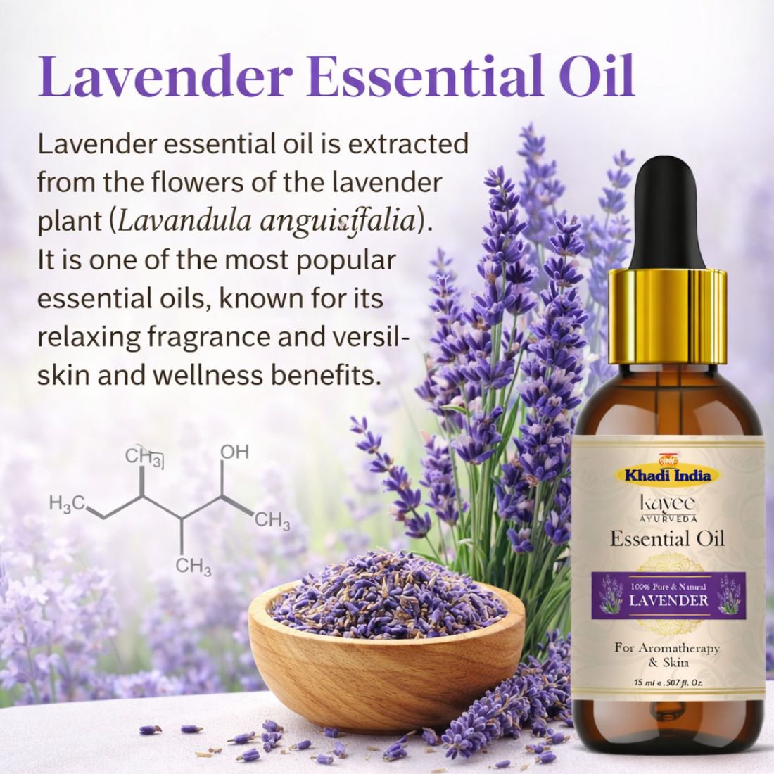 Kayee Ayurveda Lavender Essential Oil for Aromatherapy, Diffuser & Massage | Pure Lavender Aroma Oil for Relaxation, Meditation, Spa & Home Fragrance | Floral Essential Oil for Skincare, Hair Care & Personal Wellness | 15 ml
