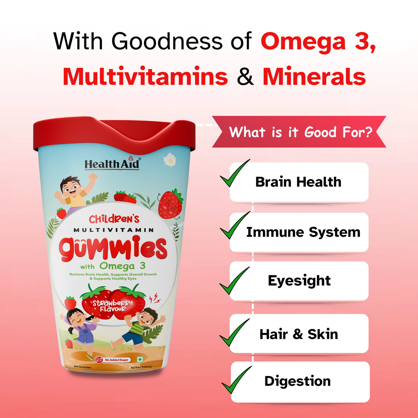 HealthAid Children's Multivitamin Gummies with Omega 3 (Strawberry Flavour) - 60 Gummies