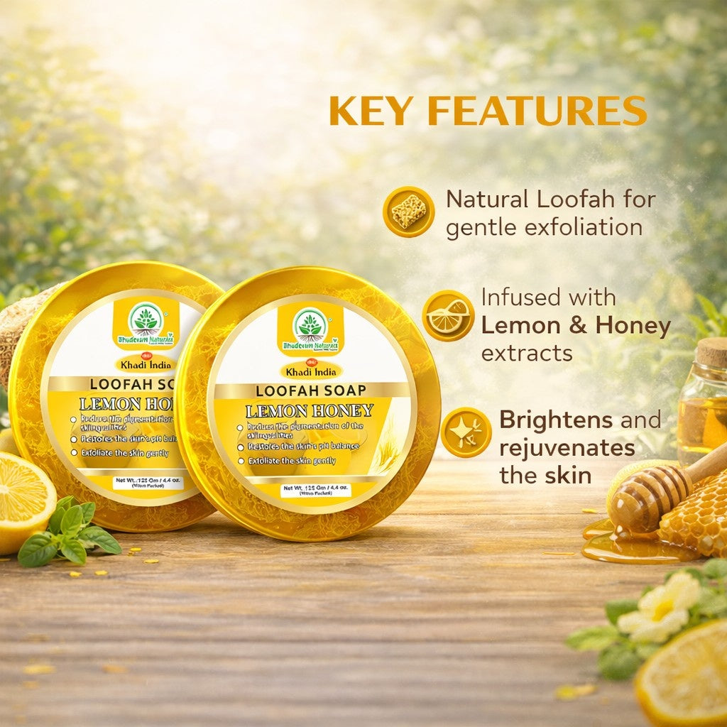 Bhudevam Naturals Khadi Lemon & Honey Loofah Soap – Deep Cleansing Scrub Soap for Smooth & Fresh Skin- 250GM (Pack of 2)