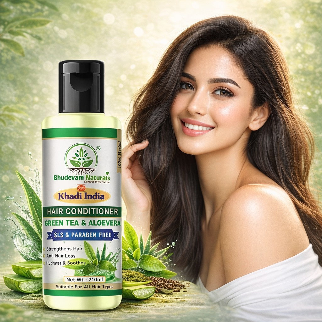 Bhudevam Naturals Khadi Green Tea Aloe Vera Hair Conditioner – Sulphate & Paraben Free Frizz Control Formula-210ML