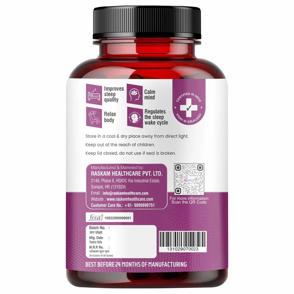 Raskam Melatonin 5mg- 100 capsules- Promotes Sleep and Relaxation