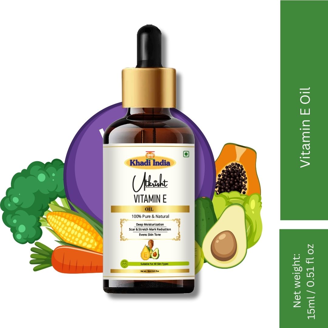 Khadi Vitamin E Essential Oil | Pure & Natural Vitamin E Oil for Face, Skin & Hair Care | Moisturising Oil for Soft, Smooth & Glowing-Looking Skin | Hair Nourishing & Wellness Oil | 15 ml