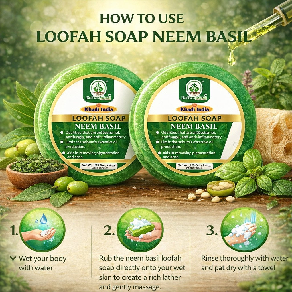Bhudevam Naturals Khadi Neem & Basil Loofah Soap – Skin Purifying Exfoliating Soap Bar for Daily Use - 250GM (Pack of 2)