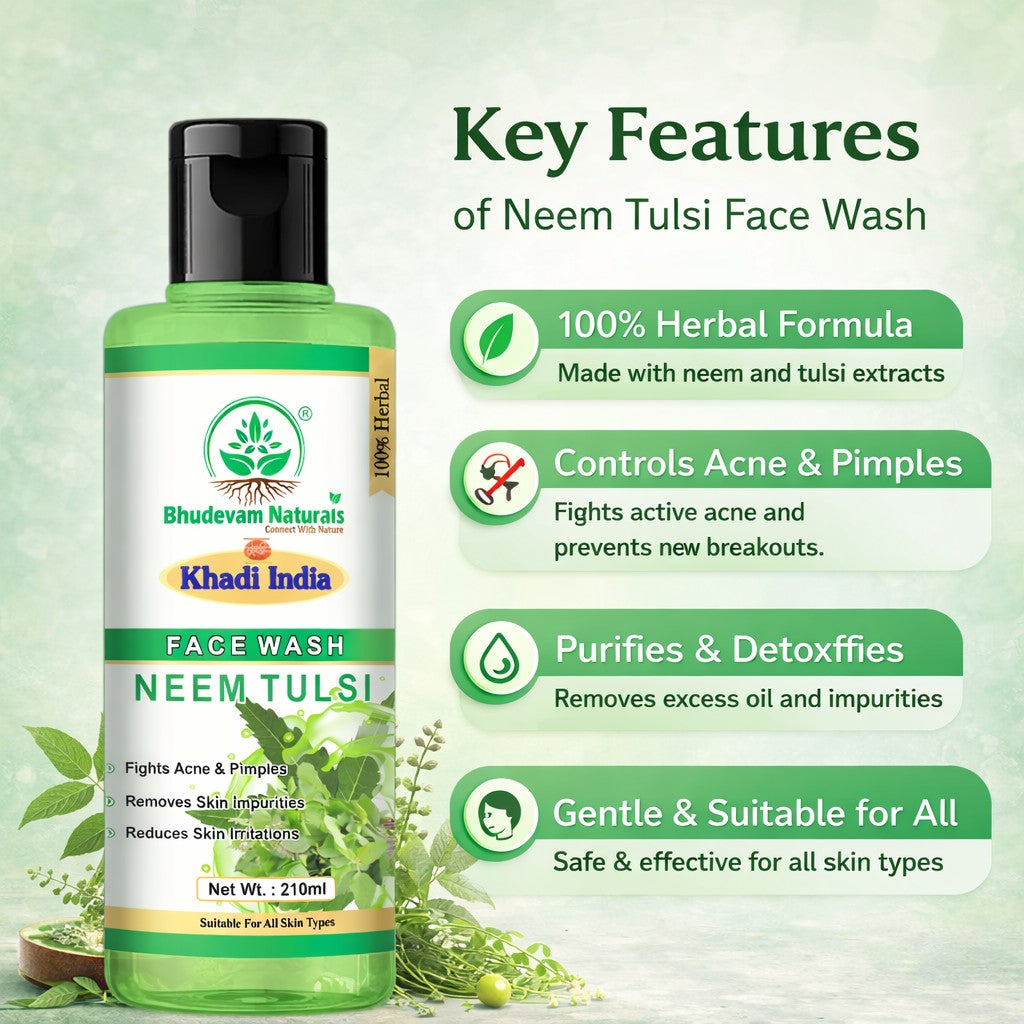 Bhudevam Naturals Khadi Neem Tulsi Face Wash for Oily & Acne-Prone Skin - 420ML (Pack of 2)