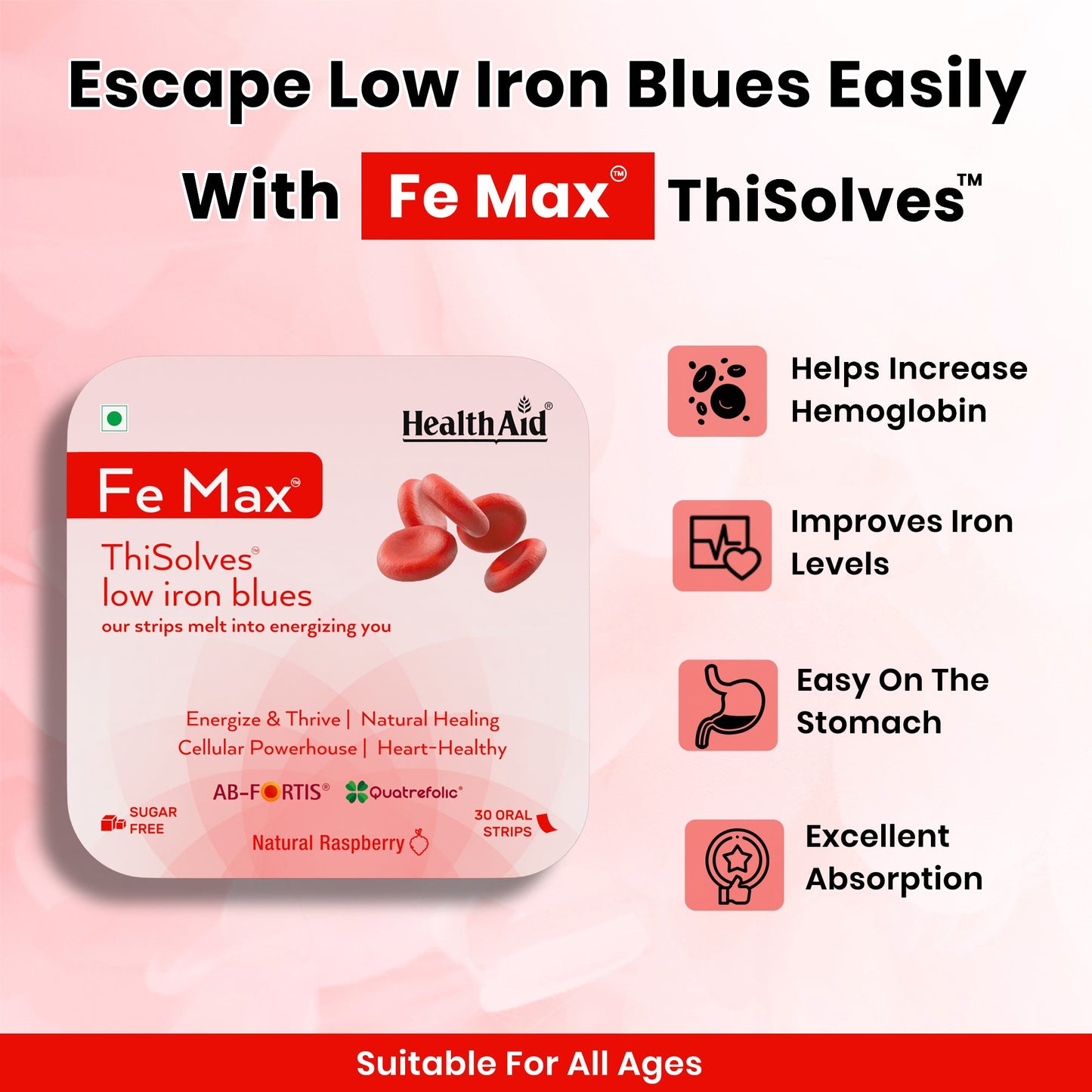 HealthAid Fe Max ThiSolves Disintegrating Strip Natural Raspberry Sugar Free - 30 Oral Strip