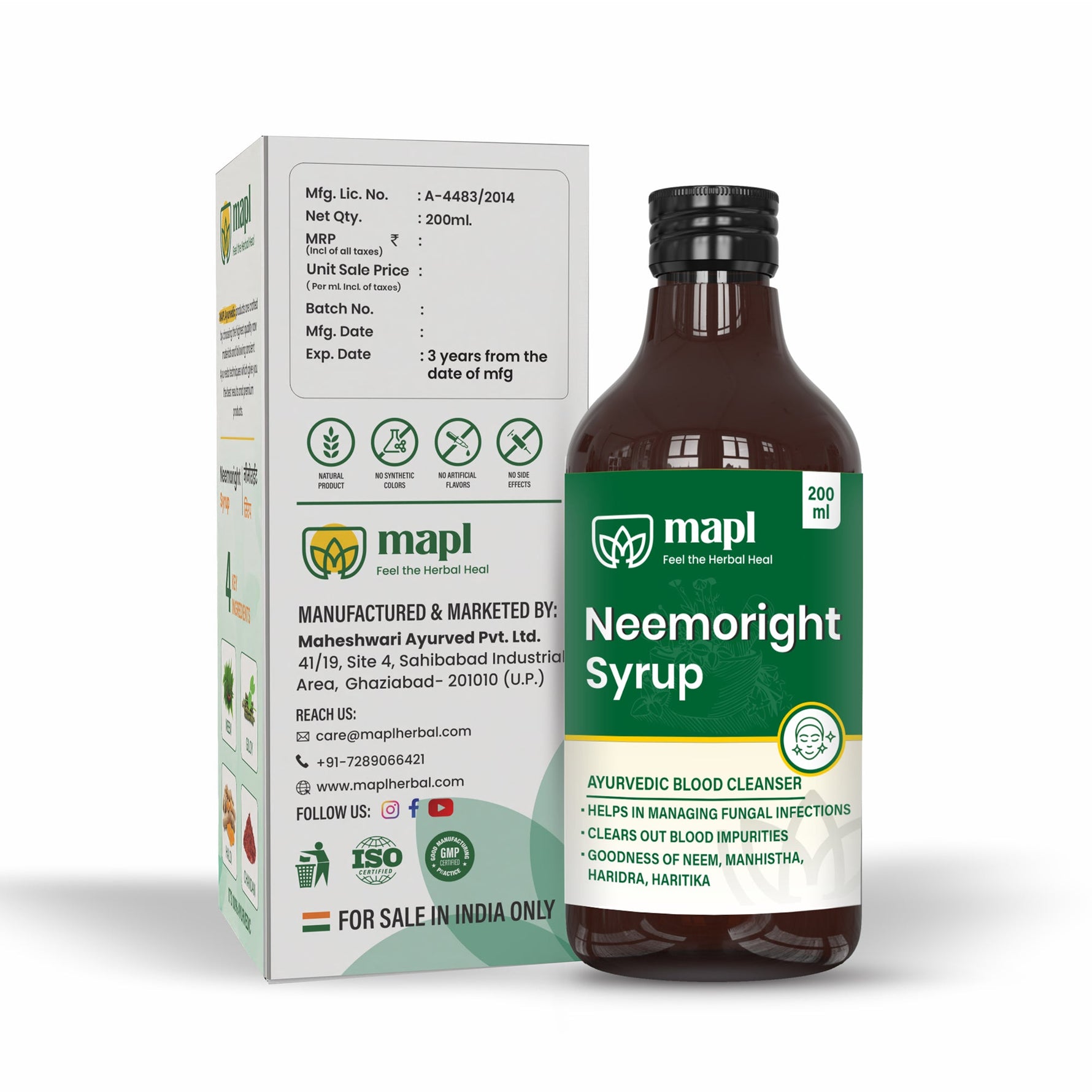 MAPL Neemoright Syrup | Ayurvedic Blood Purifier & Skin Care | Reduces Acne, Itching, Inflammation, Fights Skin Infections & Boosts Immunity | 200 ml