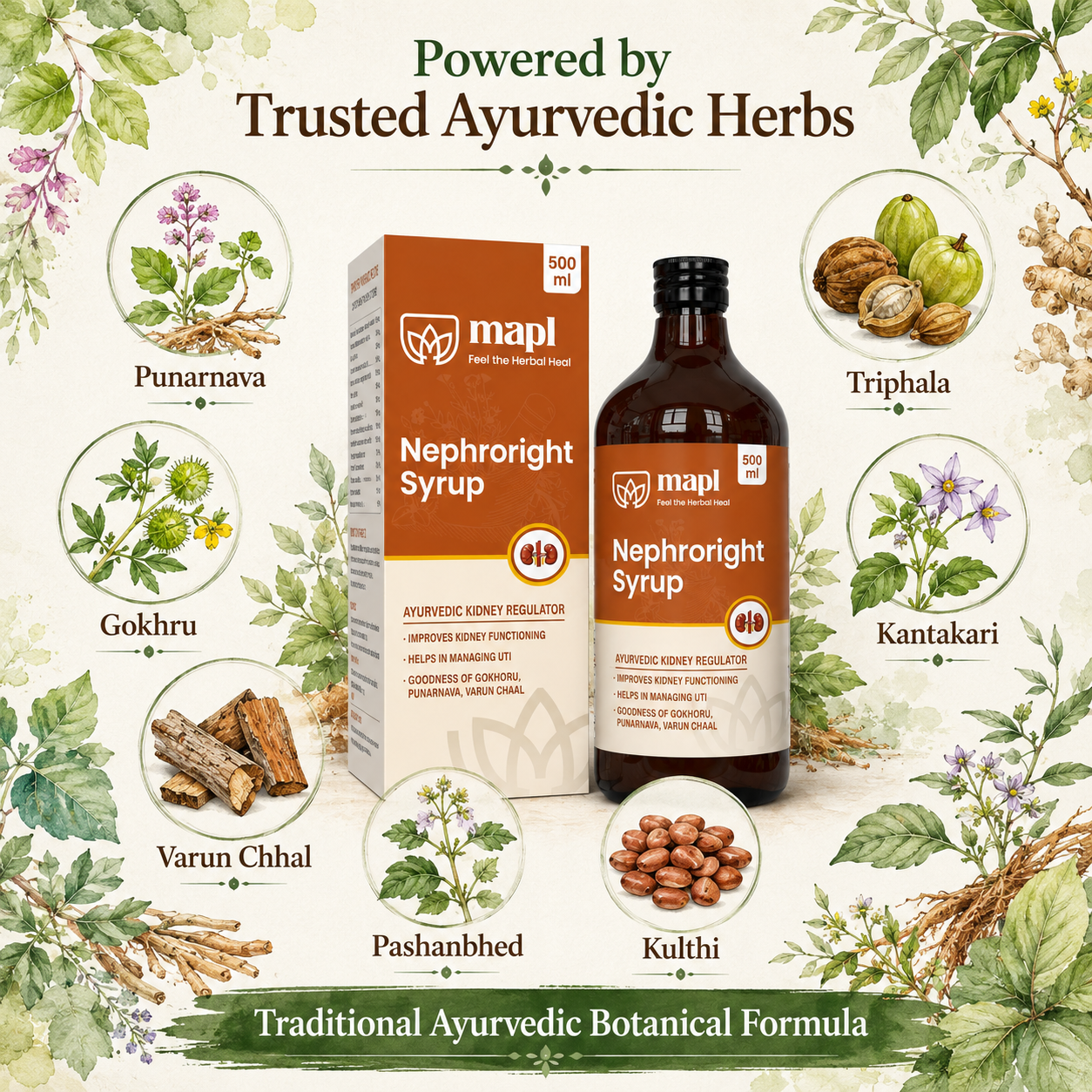 MAPL Nephroright Syrup 500ml | Ayurvedic Kidney & Urinary Health Support | Sugar Free Herbal Formula