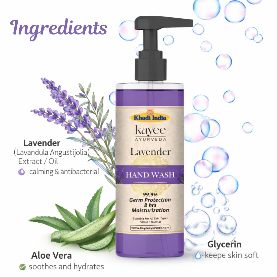 Kayee Ayurveda Lavender Hand Wash | Gentle Herbal Liquid Hand Wash with Lavender | Cleansing Hand Wash for Clean, Fresh & Soft-Feeling Hands | Daily Hand Hygiene with Refreshing Floral Fragrance | Suitable for Everyday Use | 500 ml