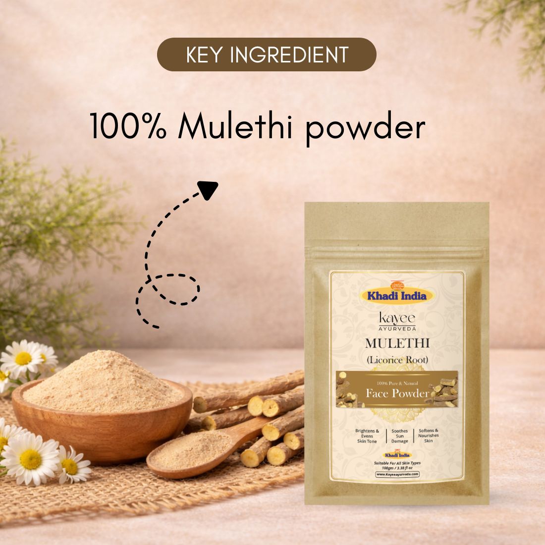 Kayee Ayurveda Mulethi Face Powder for Glowing Skin | Herbal Licorice Powder for Face | Natural Facial Powder for Skin Care | Helps Refresh & Brighten Looking Skin | 100 g