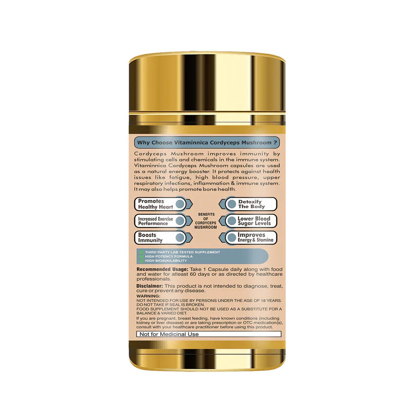 Vitaminnica Cordyceps Mushroom Capsules - ATP Energy Booster & Stamina, 60 Count
