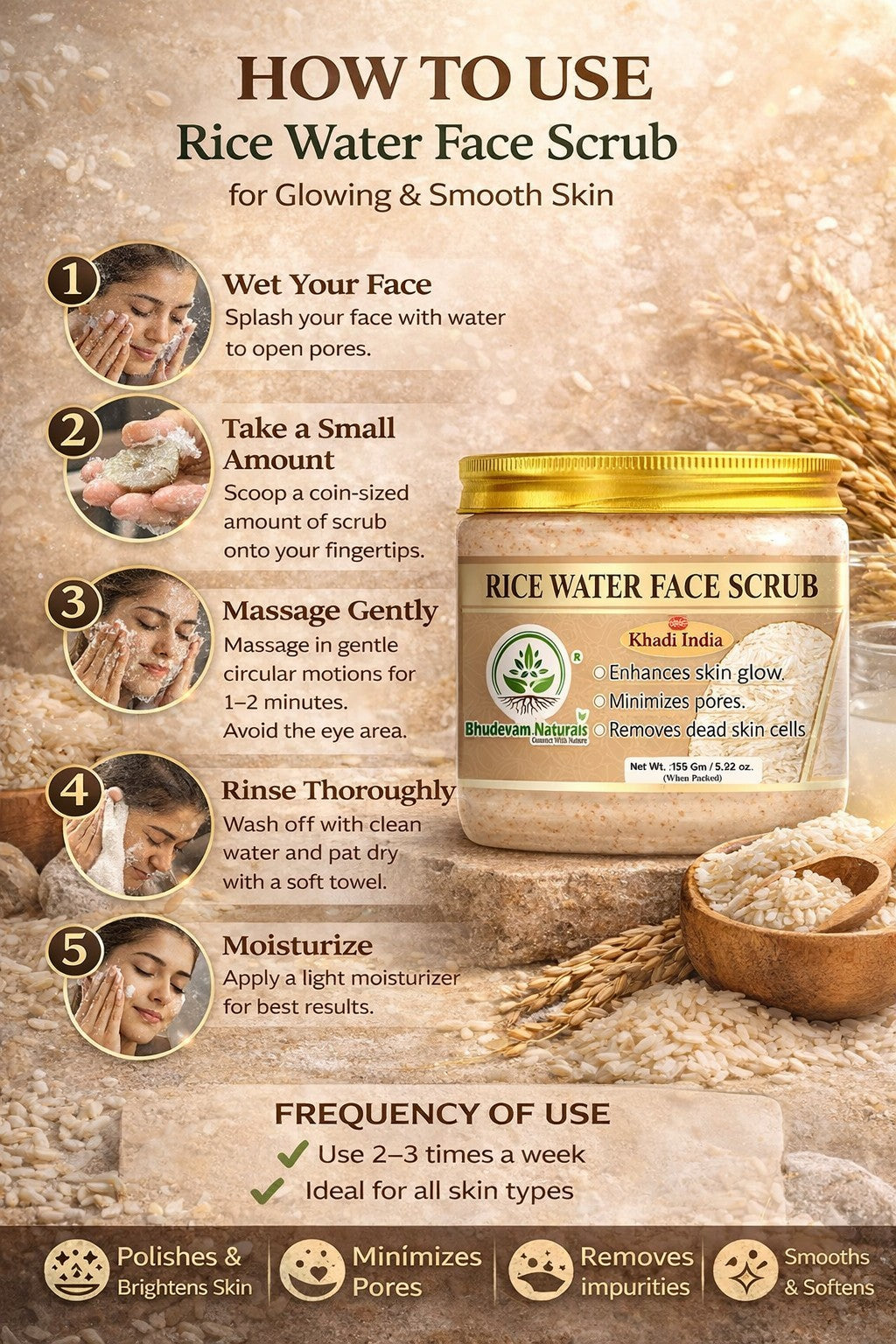 Bhudevam Naturals Khadi Rice Water Face Scrub for Women & Men – Gentle Exfoliation for Clear, Smooth & Radiant Skin-150GM